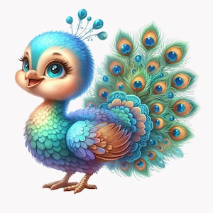10 imágenes prediseñadas de pavo real bebé: linda ilustración de dibujos animados de pájaros: arte digital con plumas de colores