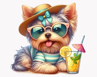 10 PNG Summer Yorkie Dog Clipart – Cute Puppy with Lemonade PNG for Pet Lovers, Sublimation Designs, Party Decorations & Stickers