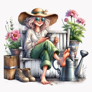 Bundle de cliparts drôle grand-mère buvant du café, grand-mère jardin Png, clipart jardinage, téléchargement numérique, art mural imprimable, 10 PNG