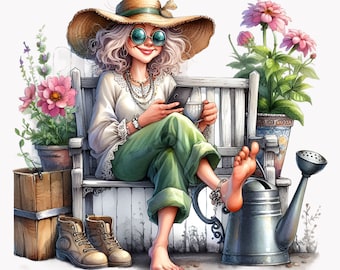 Funny Grandma Drinking Coffee Clipart Bundle, Granny Garden Png, Gardening Clipart, Digital Download, Printable Wall Art, 10 PNG