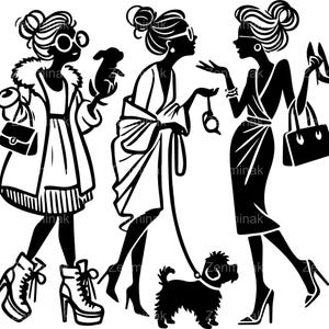 5 SVG Donne eleganti con cani File di taglio SVG, Donne dei cartoni animati con tacchi e vestiti con borse, Clipart di animali domestici glamour per Cricut