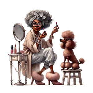 10 mujeres con caniche PNG, maquillaje peculiar e ilustración de mascotas, imágenes prediseñadas divertidas para manualidades y proyectos de bricolaje