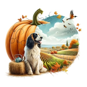 13 Clipart PNG di cane autunnale, scena di zucca autunnale con cane felice, paesaggio di campagna, uccelli e foglie