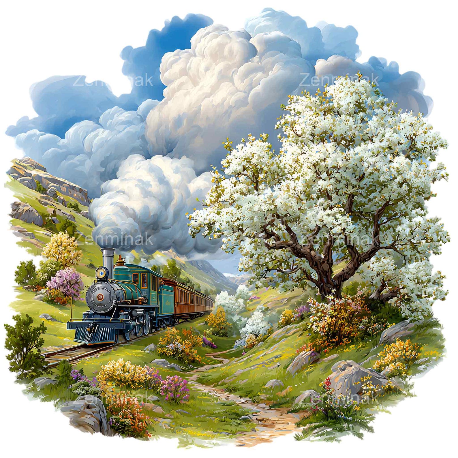 Spring Painted Train 15 PNG Steam Train Clipart , Watercolor Spring Railway Landscape ...