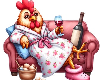 14 PNG Funny Chicken in Robe Clipart – Relaxed Hen with Wine