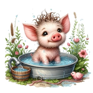 14 Carino Maialino da Bagno PNG Clipart – Maialino nella Vasca con Acqua e Fiori – Adorabile Animale da Fattoria Arte Digitale