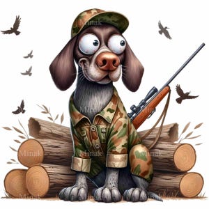 10 Funny Hunting Dog Clip Art PNG - Cartoon Dog in Camo with Rifle and Birds - Humorous Digital Download for Crafts