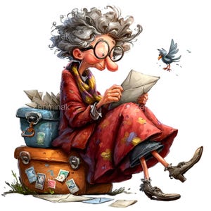 Może przedstawiać: Kapryśna ilustracja starszej osoby z siwymi włosami i okularami czytającej list. Siedzi na bagażu, ubrana w czerwony płaszcz i spódnicę z kwiatowymi wzorami. W pobliżu lata niebieski ptak. Bagaż zdobią znaczki pocztowe.
