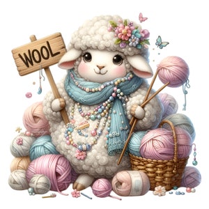 12 niedliche Schaf PNG Clipart mit Garnbällen und Stricknadeln, Wolle Handwerk Illustration, Pastellfaser Kunst