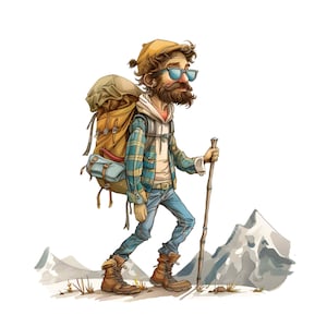 Può includere: Un'illustrazione di un uomo dei cartoni animati che indossa una camicia a quadri, un cappello marrone e occhiali da sole. Porta uno zaino grande e un bastone da passeggio. Sta camminando su un sentiero con montagne sullo sfondo.