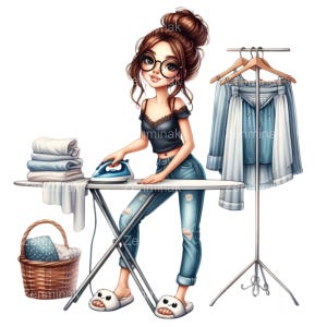 14 PNG Clipart di una ragazza che fa la lavanderia - PNG di una donna carina che stira i vestiti in pantofole - Faccende domestiche, Arte dei lavori domestici, Illustrazione della routine quotidiana