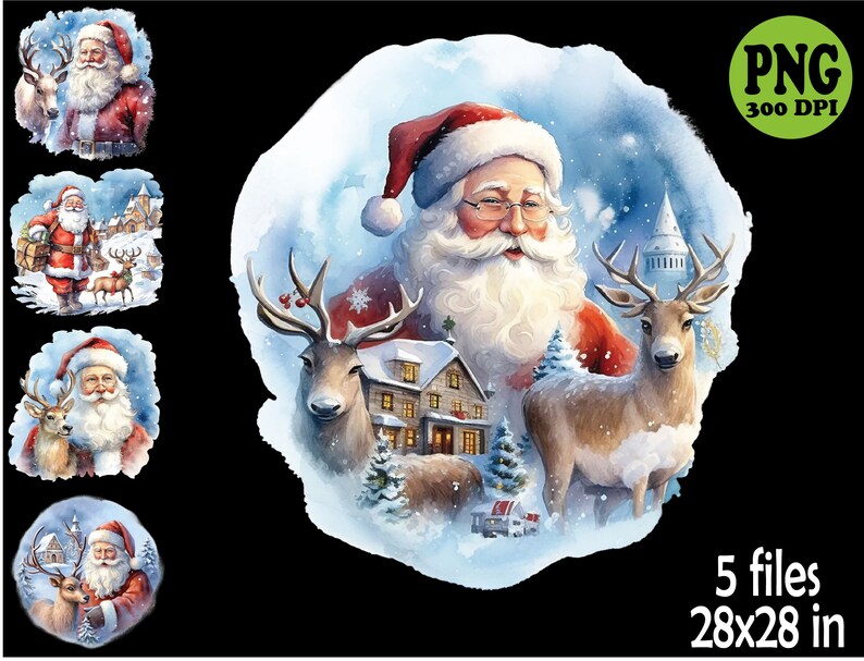 5 PNG Santa and Reindeer – Watercolor Christmas PNG Set – Festive ...