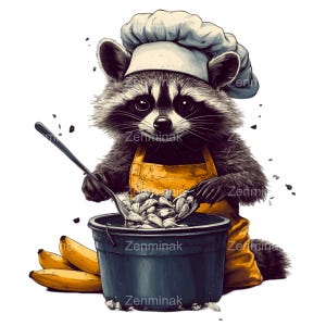 15 Raccoon Chef PNG Clipart, Animale da cucina con grembiule e cappello, Illustrazione di cucina di cartone animato carino da scaricare