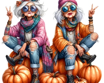 12 PNG Two Elderly Women Sitting On Pumpkins Autumn Clipart