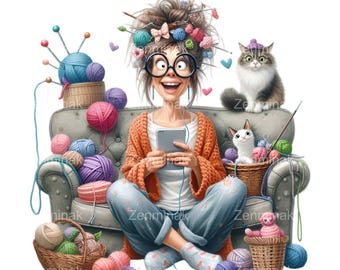 15 PNG Funny Knitting Grandma Clipart, Craft Lady Illustration Cats Yarn Printable Art