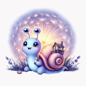 10 escargots magiques PNG Clipart avec coquillage et pissenlit lueur, animal de jardin fantastique kawaii, jolie illustration pastel