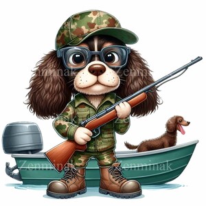 12 Clip Art PNG di cane da caccia, Spaniel in tenuta mimetica con fucile e barca, adorabile scena di caccia