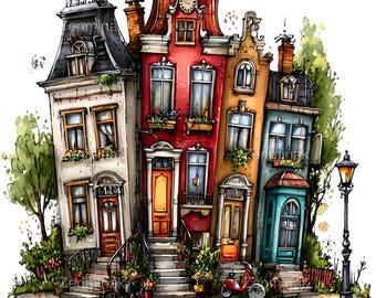 15 PNG Watercolor Amsterdam Houses, Vintage Townhouse Clipart