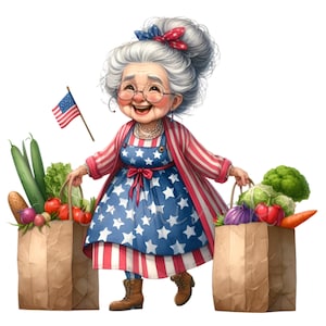 12 clipart grand-mère PNG patriotique, femme âgée avec le drapeau des Etats-Unis et des sacs d'épicerie, illustration numérique pour l'artisanat et le bricolage