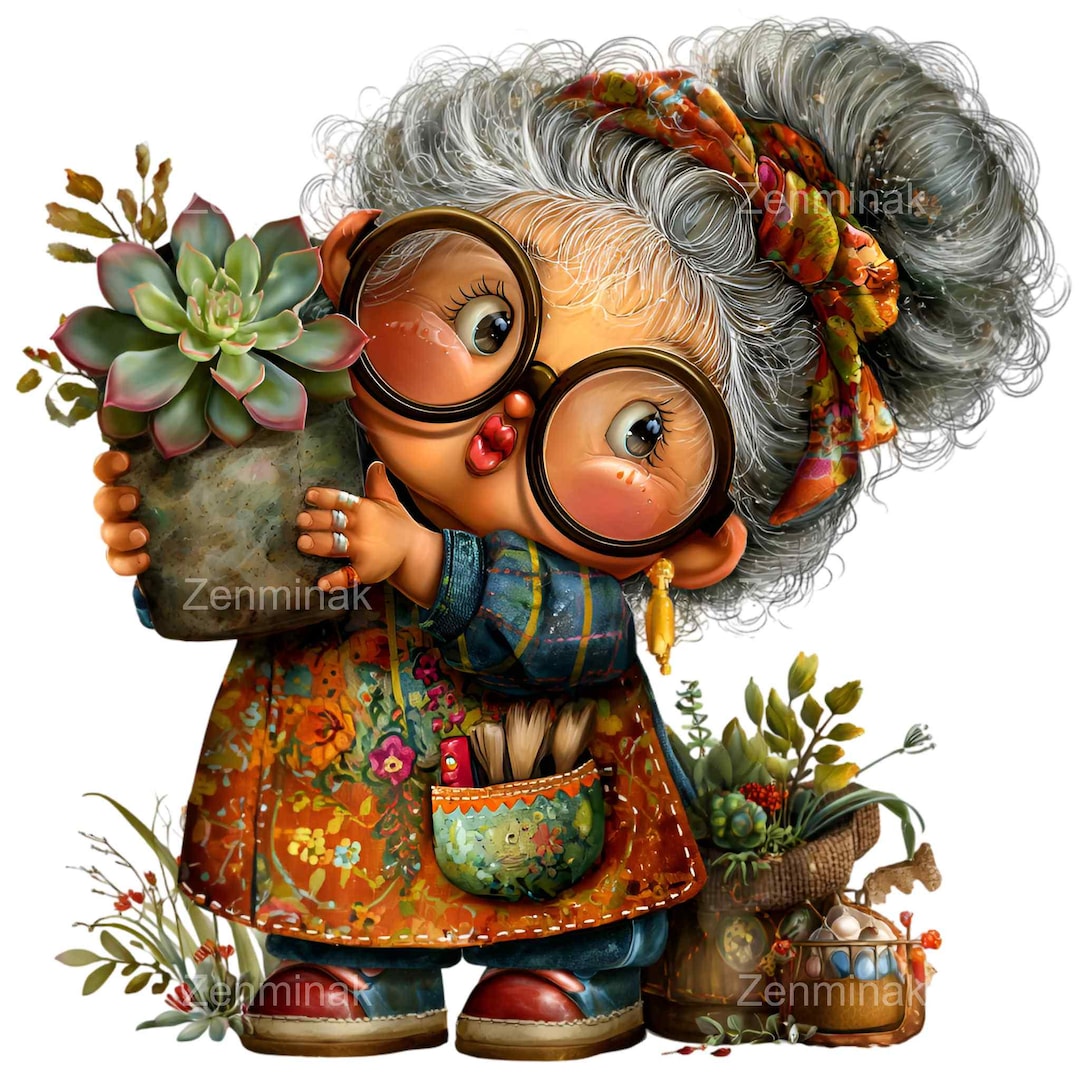 15 PNG Funny Gardening Grandma Clipart – PNG Cute Old Lady With Plants ...