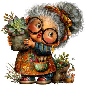 May include: A whimsical illustration of a cartoon character, an elderly woman with large glasses, holding a potted succulent. She wears a colorful floral apron and a patterned headscarf. A sack of plants and a wooden barrel are in the background.