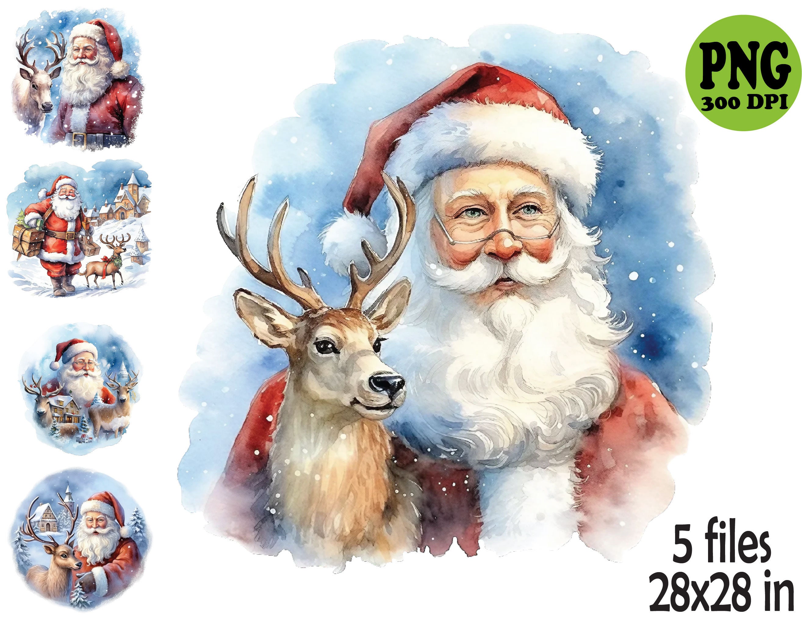 5 PNG Santa and Reindeer – Watercolor Christmas PNG Set – Festive ...