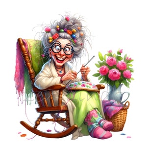 Oma in schommelstoel met kleurrijke garens en bloemen clipart-15 levendige png voor ambachtelijke projecten