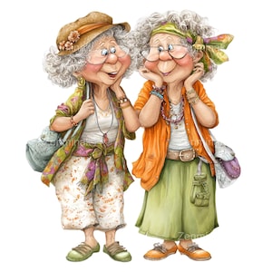 12 PNG Two Funny Senior Women Clipart, Whimsical Elderly Ladies Grandma