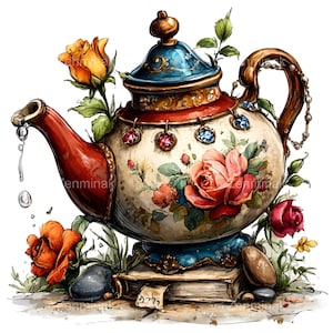 May include: A decorative teapot with a red spout, a blue and gold lid, and a cream-coloured body adorned with floral designs and jewels. The teapot is surrounded by roses and sits atop a stack of books and stones.