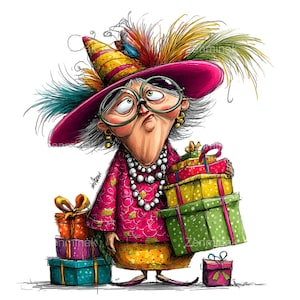 May include: A whimsical cartoon illustration of an elderly woman wearing a large, feathered hat and holding several wrapped gift boxes. She is dressed in a pink floral top and a yellow skirt, with large glasses and pearl necklaces. The image has a humorous, cartoonish style.