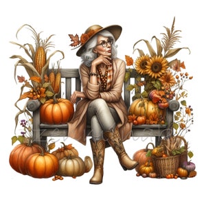 10 Autunno Donna Clipart PNG Elegante Signora su Panchina con Zucche Girasoli Mais Raccolta Autunno Scena / Download Digitale Arte