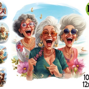 10 Crucero Abuela Clipart PNG Felices Señoras Mayores Vacaciones Yate Playa Viajes Diversión Escena de Verano / Descarga Digital Arte