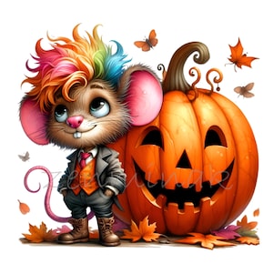 15 Halloween Mouse Clipart PNG, Carino Topo Vestito con Capelli Arcobaleno, Illustrazione Jack-O'-Lantern, Arte Animale Autunnale Stravagante