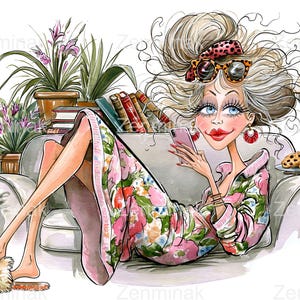 10 Messy Bun Grandma Phone Png Coffee Cookies Books Floral Robe Funny Art