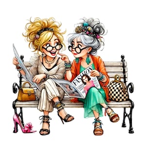 May include: Two women sitting on a bench, reading a magazine titled "Fashion". The woman on the left is wearing a white and brown striped outfit, a necklace, and glasses. The woman on the right is wearing a green and orange outfit, a necklace, and glasses. Both women are smiling.