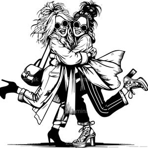 Puede incluir: Ilustración en blanco y negro de dos mujeres abrazándose, con gafas de sol, abrigos y calzado elegante. Una mujer lleva un bolso. La imagen captura un momento de amistad y alegría, con poses dinámicas y ropa detallada.