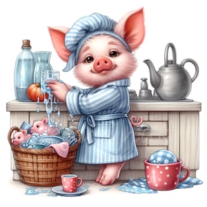 12 PNG Lindo cerdito cocina PNG – Cerdito lavando platos en pijama de rayas, clipart de dibujos animados de granja para niños, guardería o proyectos de cocina