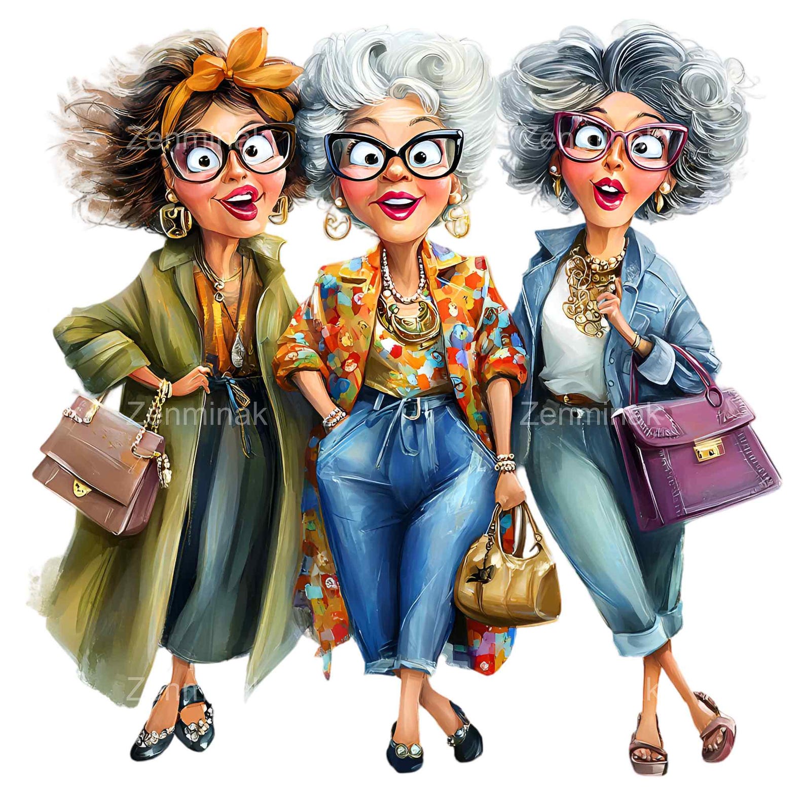 15 PNG Stylish Senior Ladies Clipart, Fashionable Friends Illustration ...