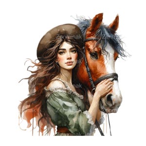 16 Donna e cavallo PNG Clipart, Elegante cowgirl con cavallo, Arte equestre rustica, Download digitale in stile acquerello