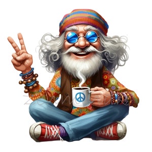 Vreedzame hippie-opa met koffie-clipart - 10 levendige en leuke karakters png - perfect voor creatieve digitale kunstprojecten