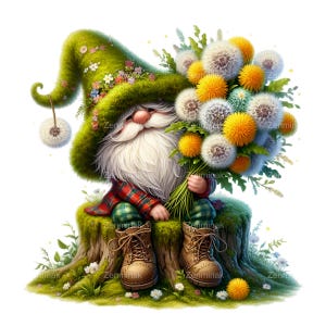 15 adorables imágenes PNG de gnomos con sombrero verde y flores de diente de león / Ilustración artística de gnomos de primavera / Diseño imprimible de bosque