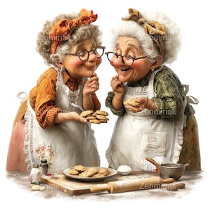 Puede incluir: Ilustración de dos mujeres mayores con delantales, horneando galletas. Una mujer lleva un pañuelo naranja y la otra un pañuelo marrón. Ambas llevan gafas y sonríen. Una tabla de cortar de madera, un rodillo y un plato de galletas están sobre la mesa.