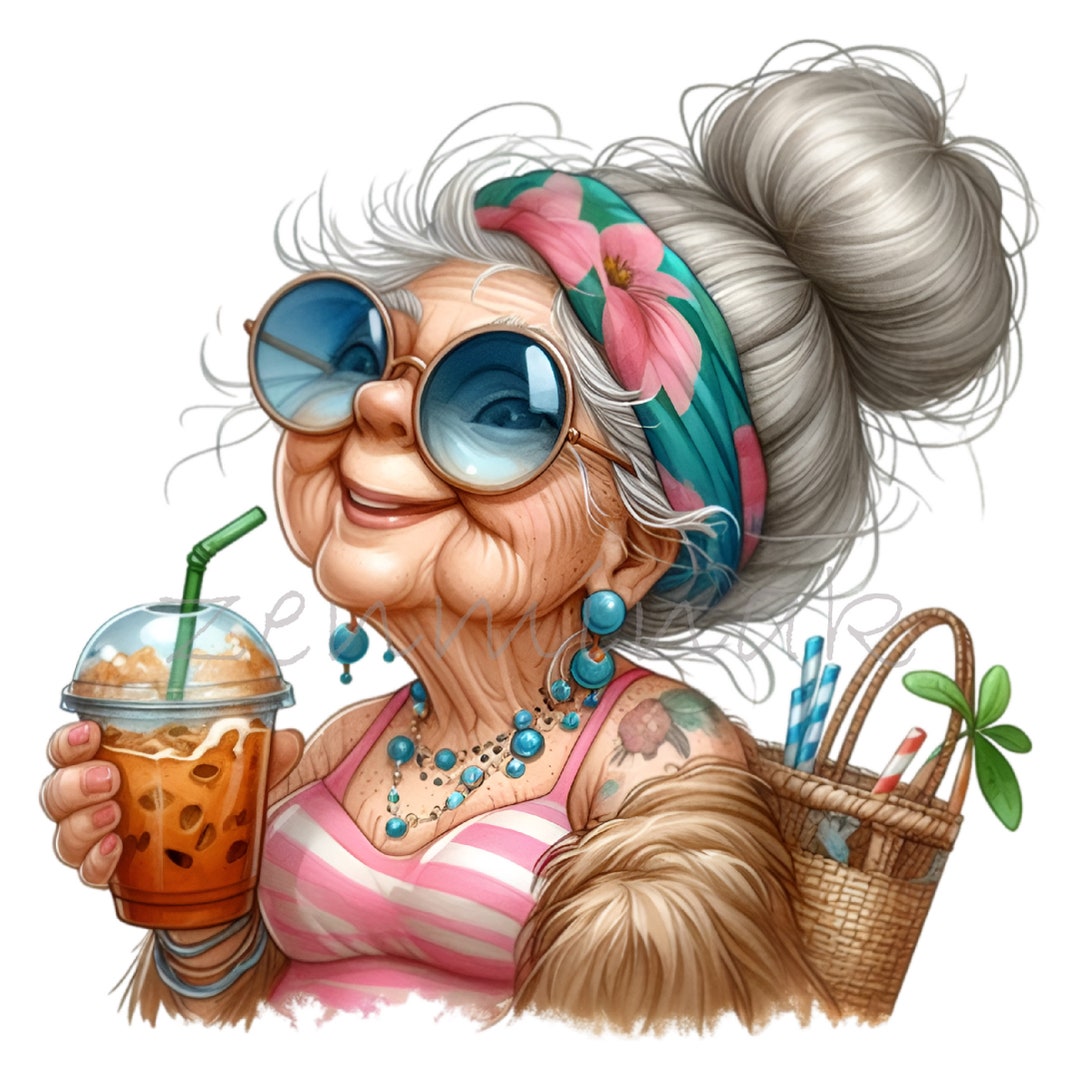 16 PNG Grandma Iced Coffee Clipart, Senior Beach Summer Lady - Etsy