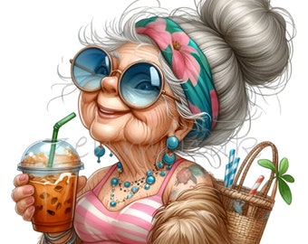 16 PNG Grandma Iced Coffee Clipart, Senior Beach Summer Lady