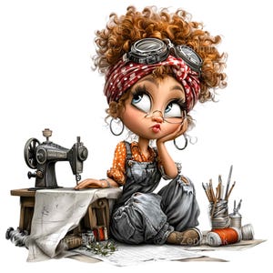 May include: Illustration of a cartoon character with curly red hair, wearing a red polka dot headscarf, goggles, and overalls. A vintage sewing machine sits on a wooden table. Sewing supplies and sketches are scattered around.