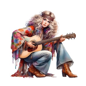 16 hippiemeisje PNG met gitaar PNG-clipart, retro vrouw in bloemenoutfit, jaren 70 mode-illustratie, festivalstijl, digitale download