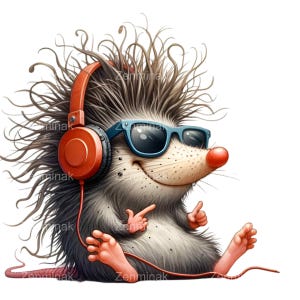 Può includere: Un riccio dei cartoni animati con cuffie rosse e occhiali da sole blu, con un sorriso malizioso, è seduto a gambe incrociate e indica con entrambe le mani.