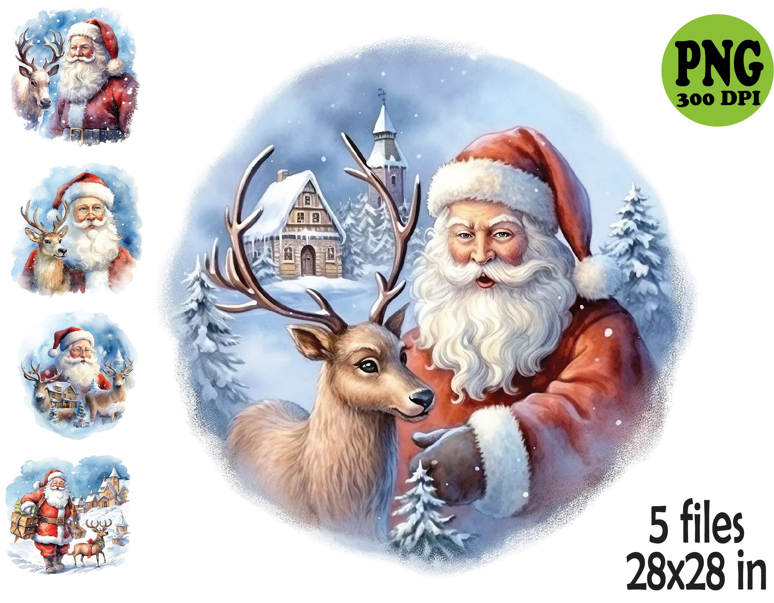 5 PNG Santa and Reindeer – Watercolor Christmas PNG Set – Festive ...