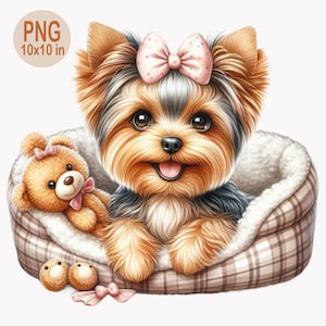 10 adorables Yorkshire Terriers PNG Clipart: Perro Yorkie en la cama con peluche, lazo rosa, ilustración de mascota esponjosa, arte de cachorro kawaii para niños