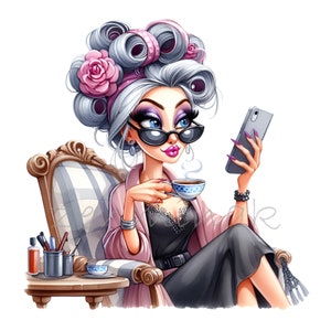 Élégante grand-mère avec café et smartphone Clipart, téléchargement 10 PNG, charmant art de femme âgée pour projets numériques